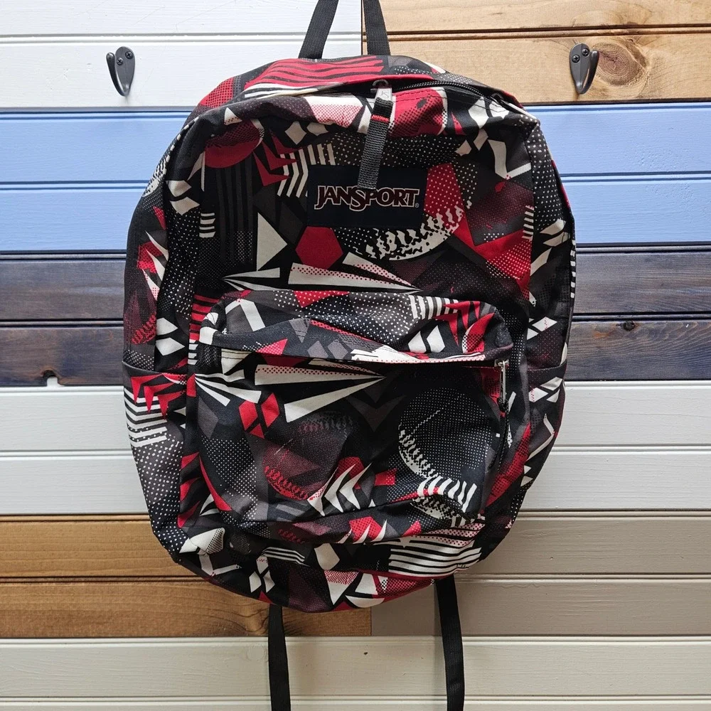 JanSport SuperBreak Backpack Red Black White Geometric Abstract Print Bag